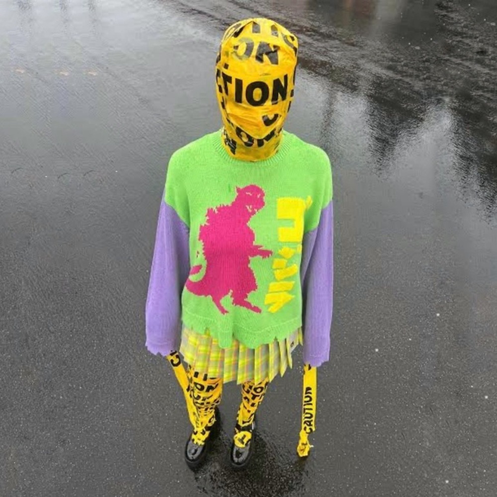 Teddy Fresh Godzilla Distressed Colorblock Sweater Intarsia Knit Pullover Small